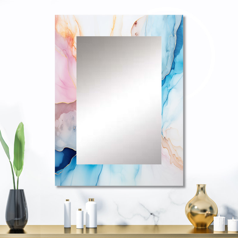 Blanc et bleu alcool encre ciel - grand miroir mural de formes abstraites, miroir unique corail, impression sur métal