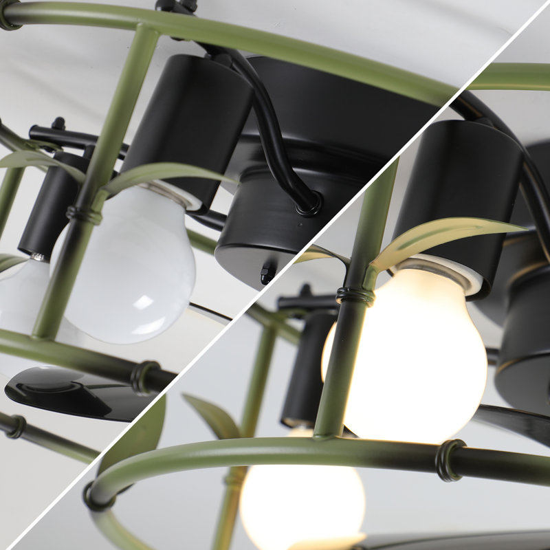 Ventilateur de plafond industriel vert 19 po avec éclairage - Ventilateur de plafond encastré avec télécommande, ventilateur de plafond rustique à 3 lumières, moteur CC réversible silencieux à 6 vitesses pour chambre à coucher, salon (ampoule non incluse)