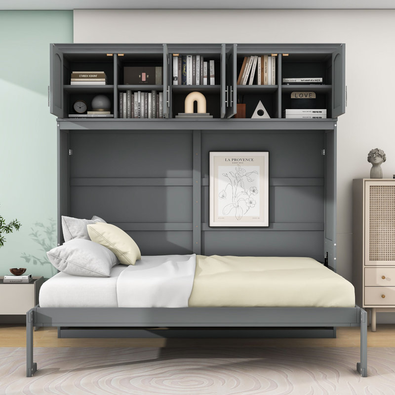 Lit escamotable en bois avec armoires Ludgero, gris, Grand