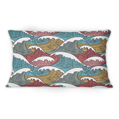 Coussin décoratif rouge et bleu avec vagues japonaises et grises