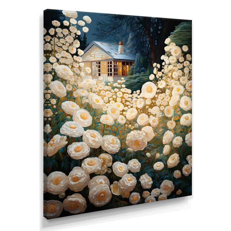 «White Blossoming Flowers Country House», art mural paysage, Toile tendue, H 32 po x l 16 po x P 1 po
