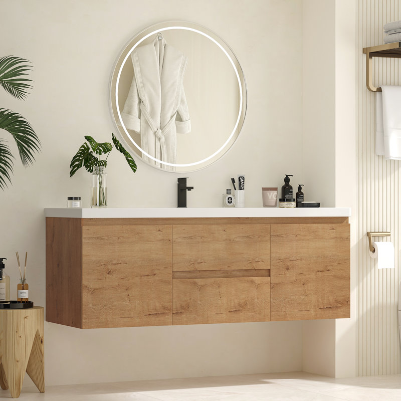 Meuble-lavabo simple 59,1 po avec comptoir et deux tiroirs, ensemble de meuble-lavabo mural flottant (robinet non inclus), entièrement assemblé