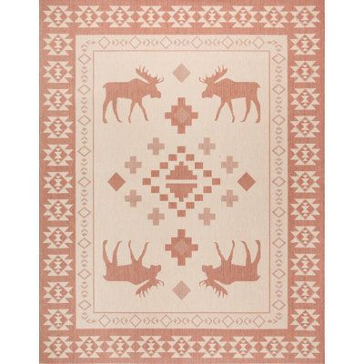 Solterra Timberhall Orange Cream Beige Rustic Lodge Moose Flatweave Polypropylene Indoor/ Outdoor Area Rug