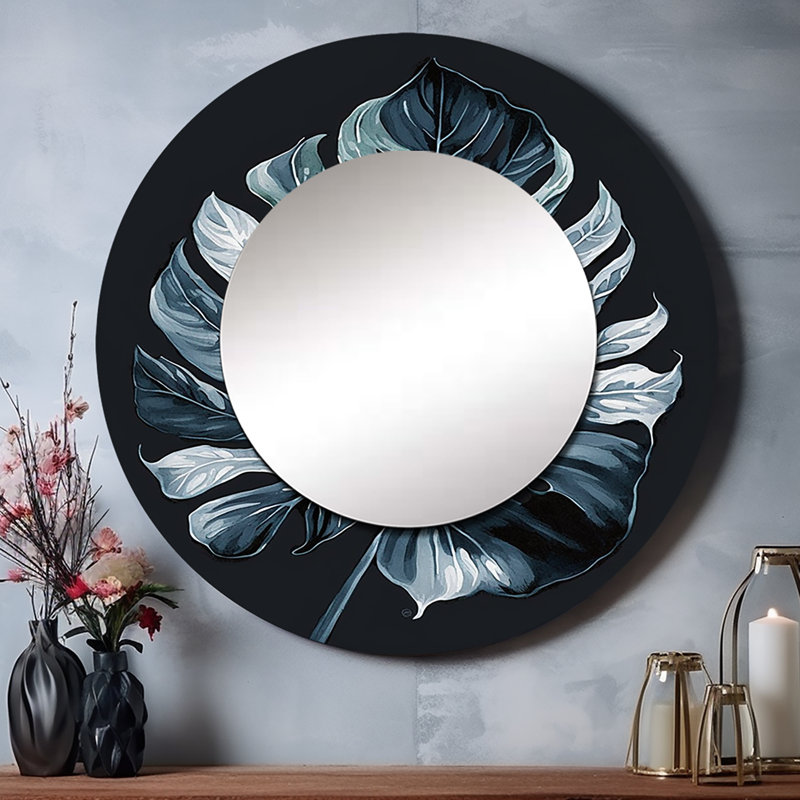Raejon Philodendron Leaf III - miroir décoratif floral, miroir mural rond vert, impression d'art en métal, 29 po x 29 po