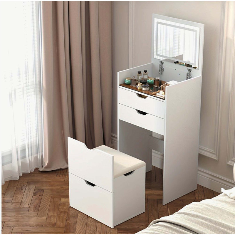Ensemble de coiffeuse et tabouret 3 en 1 multifonctionnel, 3 modes d'éclairage couleur, miroir HD, 2 tiroirs coulissants et tabouret de rangement caché
