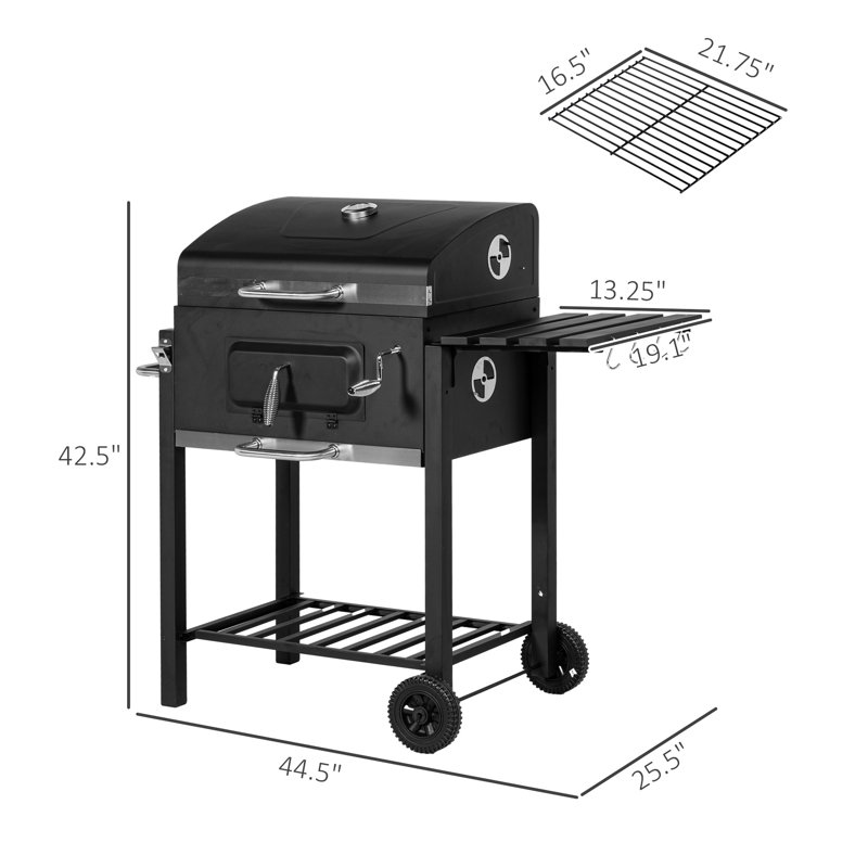 Barbecue au charbon de bois, cuiseur d'extérieur portatif pour le plaisir du camping et de la cour. Espace de cuisson de 21,75 po x 16,5 po, table d'appoint, rangement inférieur, roulettes, poignée, noir. Relevé de température précis avec