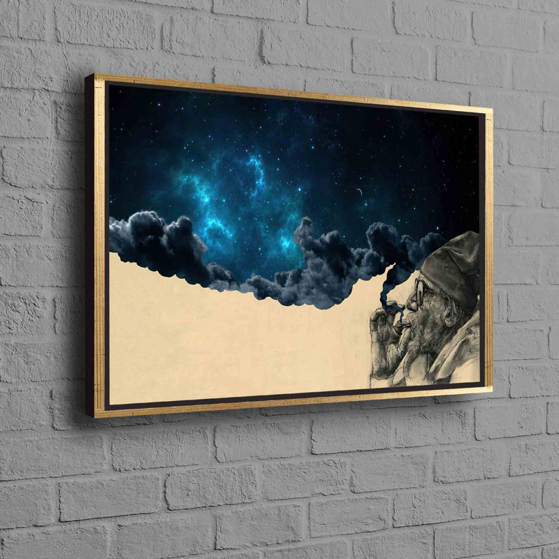 Conception d'un homme surréel surréaliste qui fume sous un ciel étoilé sur une toile de coton durable, idéale pour une décoration murale unique