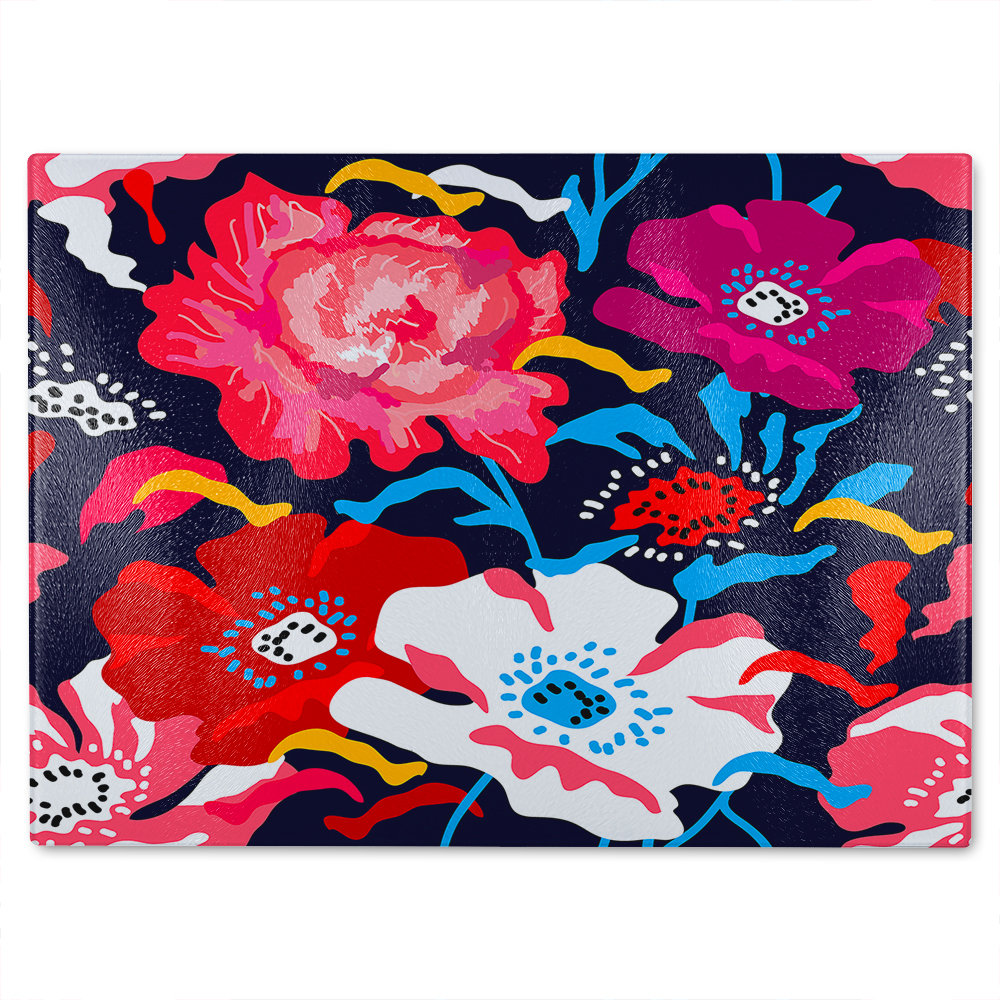 Bright Flowers On Dark Glass Chopping Board