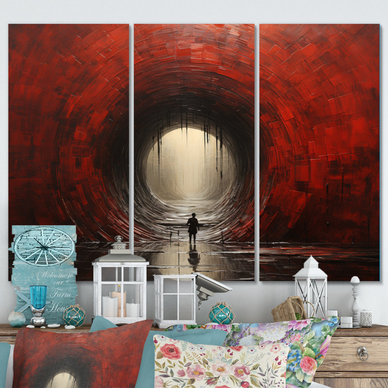 Tunnel abstrait en bois rouge I sur toile, 3 pièces, H 32 po x l 48 po x P 1 po