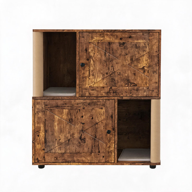 Enceinte de litière pour chat en bois à deux compartiments pour 2 chats, table de bout de style campagnard moderne avec 2 tapis à gratter et 2 poteaux à griffer, cabinet de toilette pour animaux ventilé