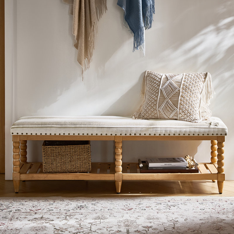 Delfina 58"W Farmhouse Solid Wood Open Storage Bench with Nailhead Trim, Tan