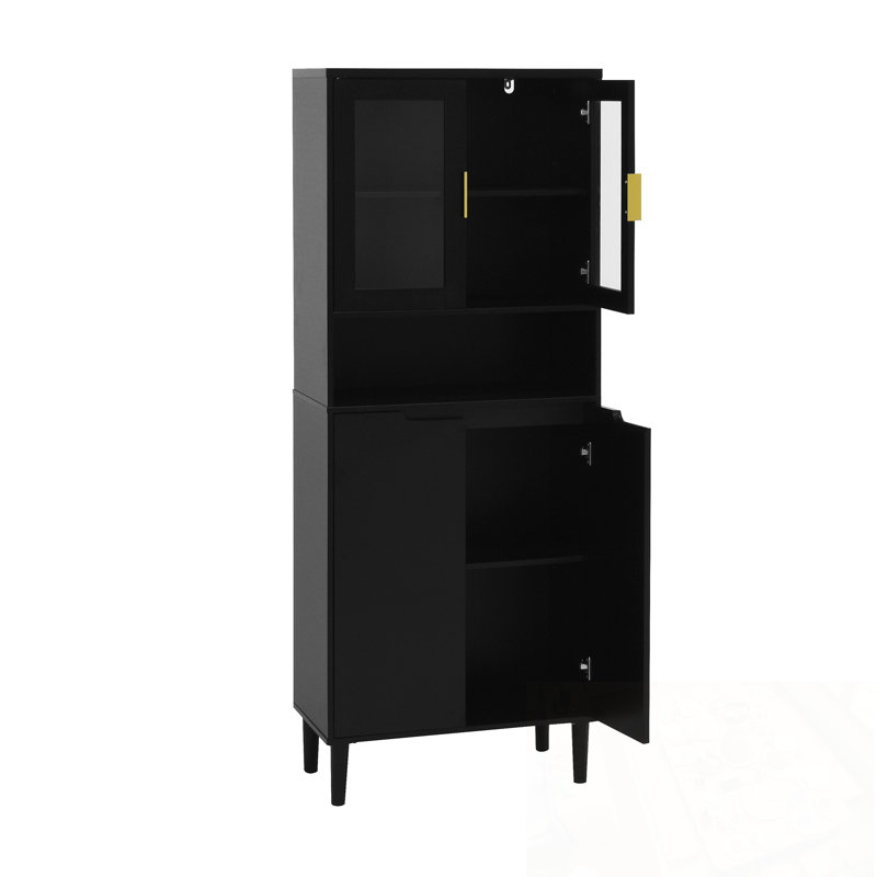 Hudock with 2 Glass Doors and open storage, Black