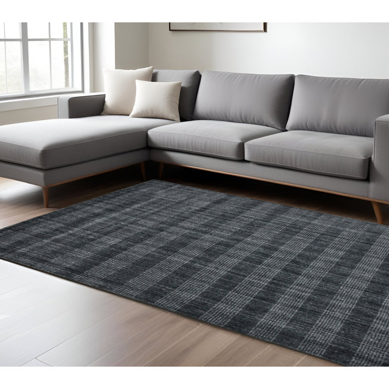 Tapis gris anthracite et écossais en laine tissé à la main 9 pi x 12 pi