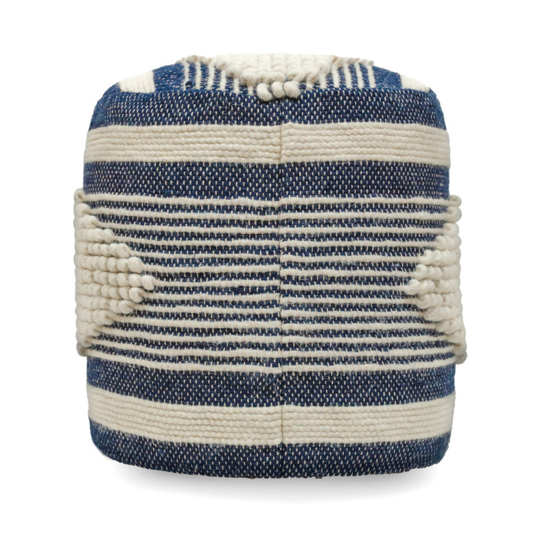 Handmade Fabric Pouf - White And Dark Blue, Wool Cotton Build, 16"X16"X16", 250Lb Capacity, Spot Clean, Beads Inside Cylindrical & From Cotton, Filled
