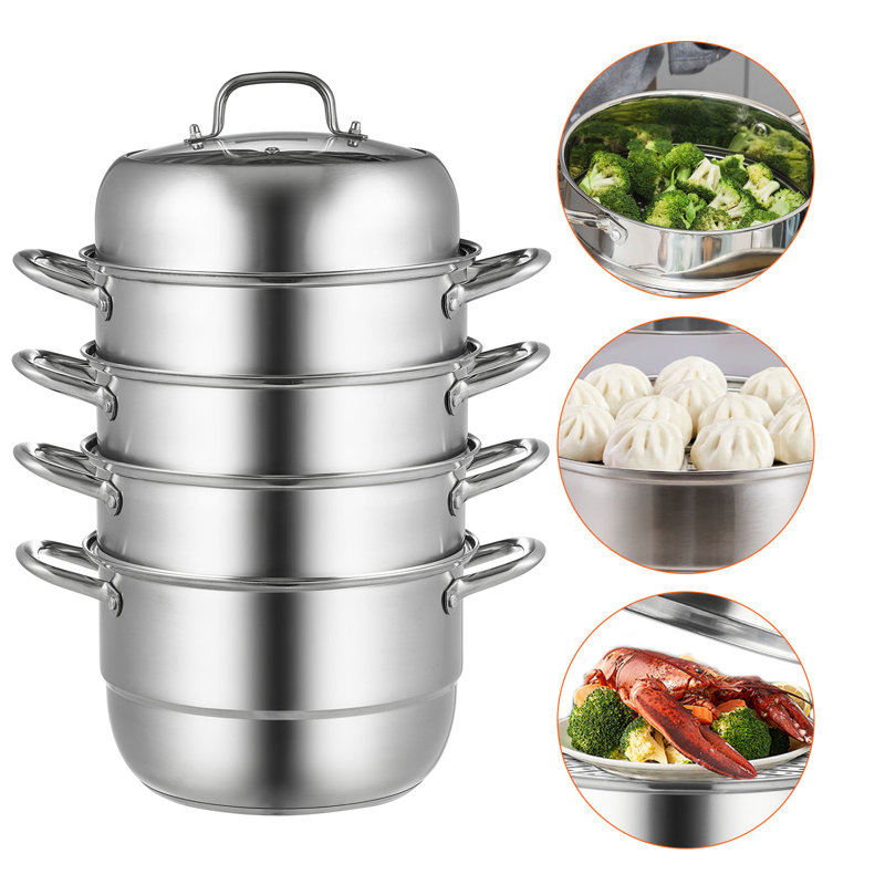 Cuit-vapeur 28 cm (11 po), à 5 niveaux, avec une marmite de 8,5 L (8,5 L), 3 paniers vapeur pour légumes et 2 plateaux vapeur. Fabriqué en acier inoxydable 304 de qualité alimentaire, compatible avec les plaques de cuisson à gaz et électriques.