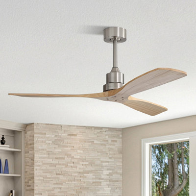 Ventilateur de plafond en bois massif intelligent à 3 pales de 52 po Kemp sans lumière, nickel sable et beige