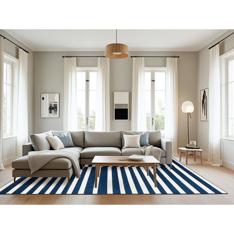 Tapis bleu à rayures horizontales lavable à la machine, Rectangle 8 pi x 10 pi
