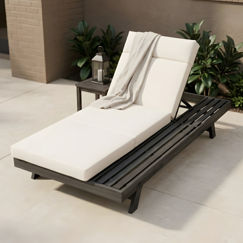 Chaise longue d'extérieur, fauteuil inclinable réglable avec appui-tête et plateau latéral rétractable, Noir