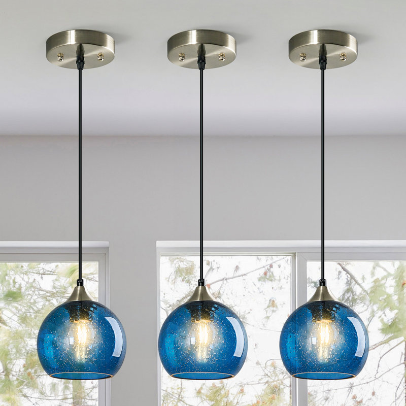 Luminaire suspendu en forme de globe à 3 lumières Charolyn Luminaire suspendu en verre pour îlot de cuisine, Bleu