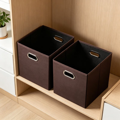 Leather Foldable Cube Storage Bins 13X13 Inch 2-Pack, Fabric Storage Baskets With Cotton Handles And MDF Base, Collapsible Organizer For Shelves, Nursery, Closet, Bedroom