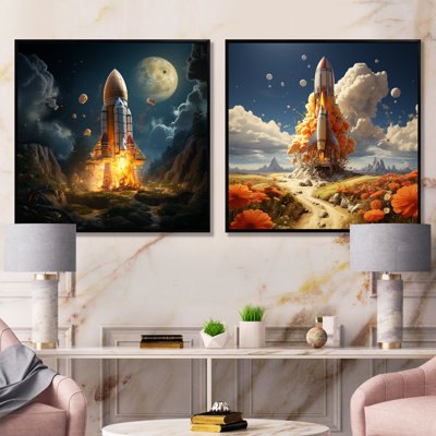 Rocketships Take Off I - Rocketship Canvas Prints Set Of 2