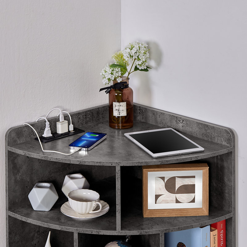 Cayhlin 29.2" H x 19.7" W Wooden Corner Bookcase Corner Storage Cabinet with USB Ports and Outlets, Gray