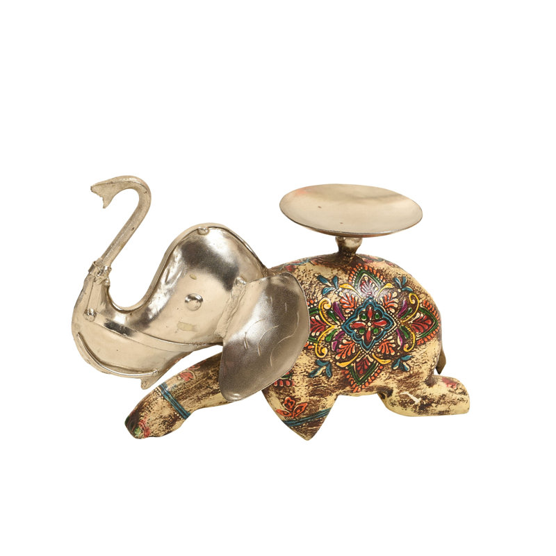 Boho Handcrafted Wood and Metal Elephant Candle Holder for Tabletop Decor