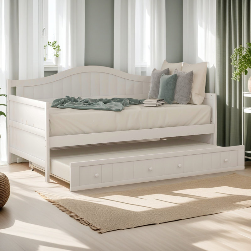 Twin Wooden Daybed With Trundle Bed, White