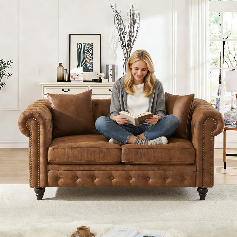 63.5 inch Mid Century Modern Chesterfield Sofa Couch for Living Room, Upholstered Button Tufted Loveseat Sofa w/Nailhead Trim&Roll Armrest, Comfy Deep Seat Sofas Couch for Bedroom, Office