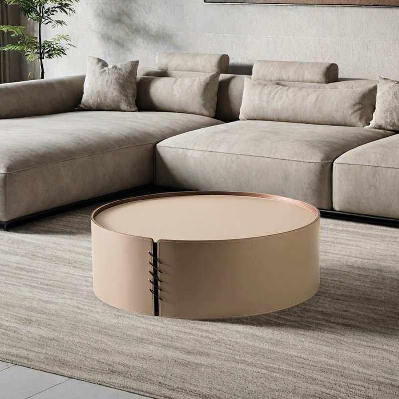 Wood Coffee Table with Saddle Leather
