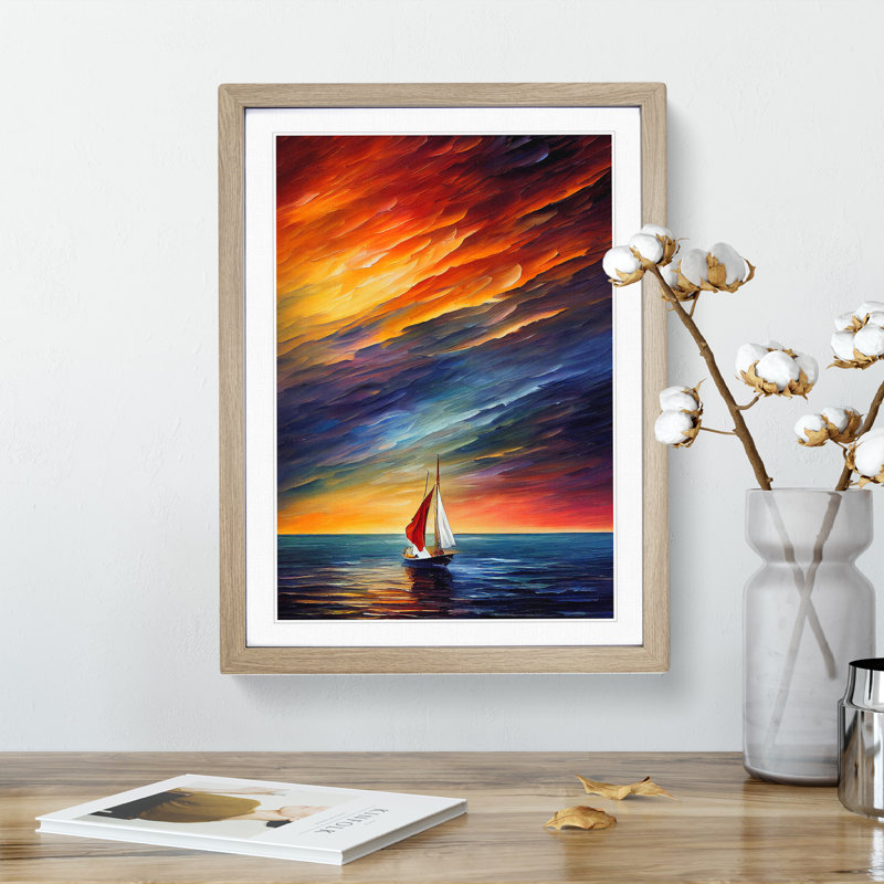 Boat At Sunset No.2 - Single Picture Frame Painting, Oak, 64cm H x 46cm W x 2cm D