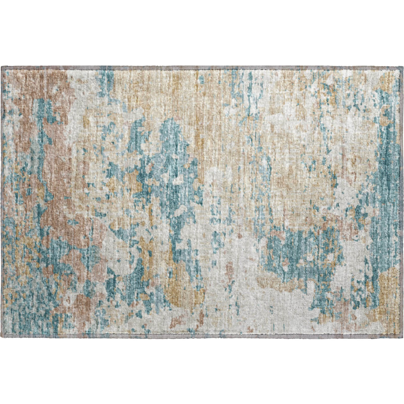 Premium Machine Washable Hintzen AMF69 Teal Rug, Rectangle 1'8" x 2'6"