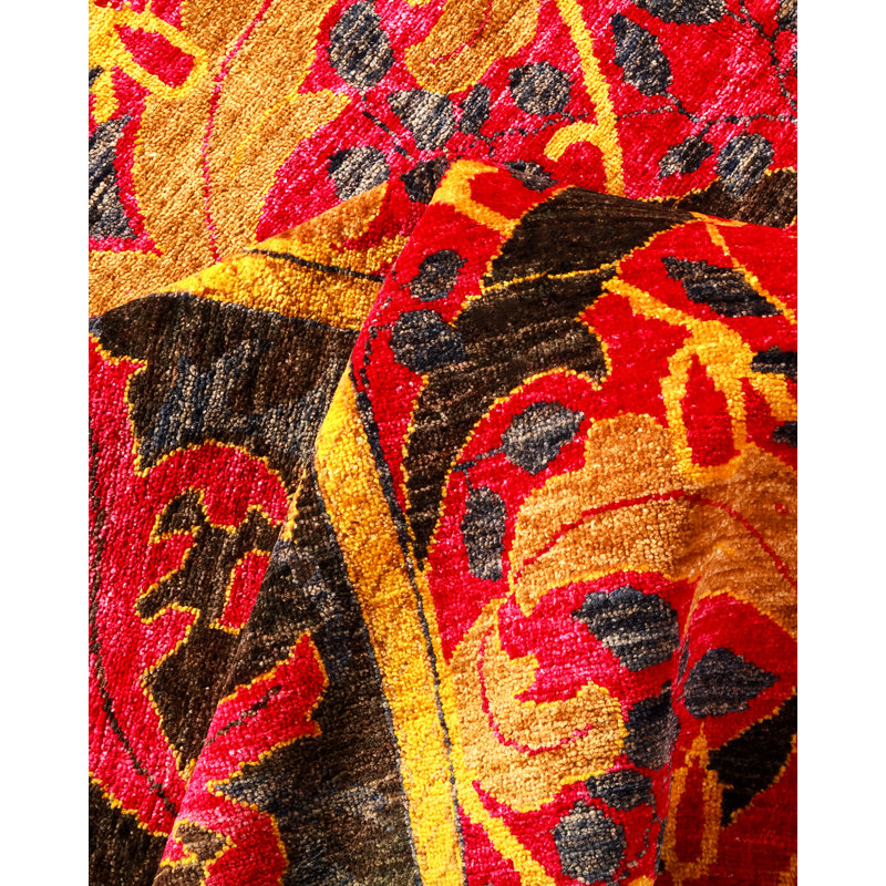 Tapis noir / rouge / jaune en laine noué à la main de conception unique 9 pi 2 po x 11 pi 10 po