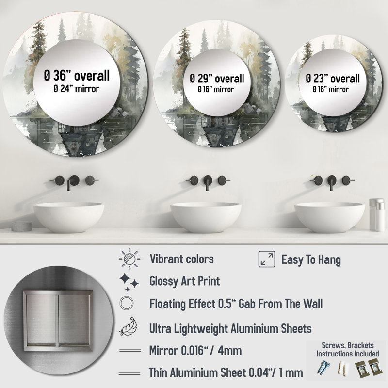 Persefoni Cottage By The Lake II - Lake House Cottage Unique Mirror, Traditional Large Round Wall Mirror, Printed Metal Art