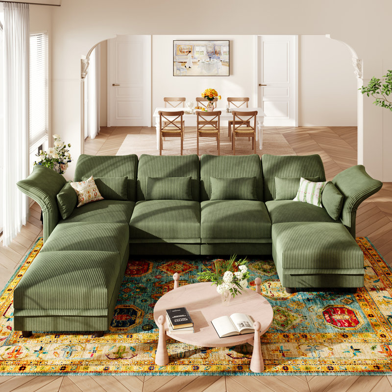 U-Shaped Upholstered Modular Sectional Sofa With Storage, 7 Seat  Corduroy  Couche With Adjustable Arms Backs,Plush Supportive Cushions, Green