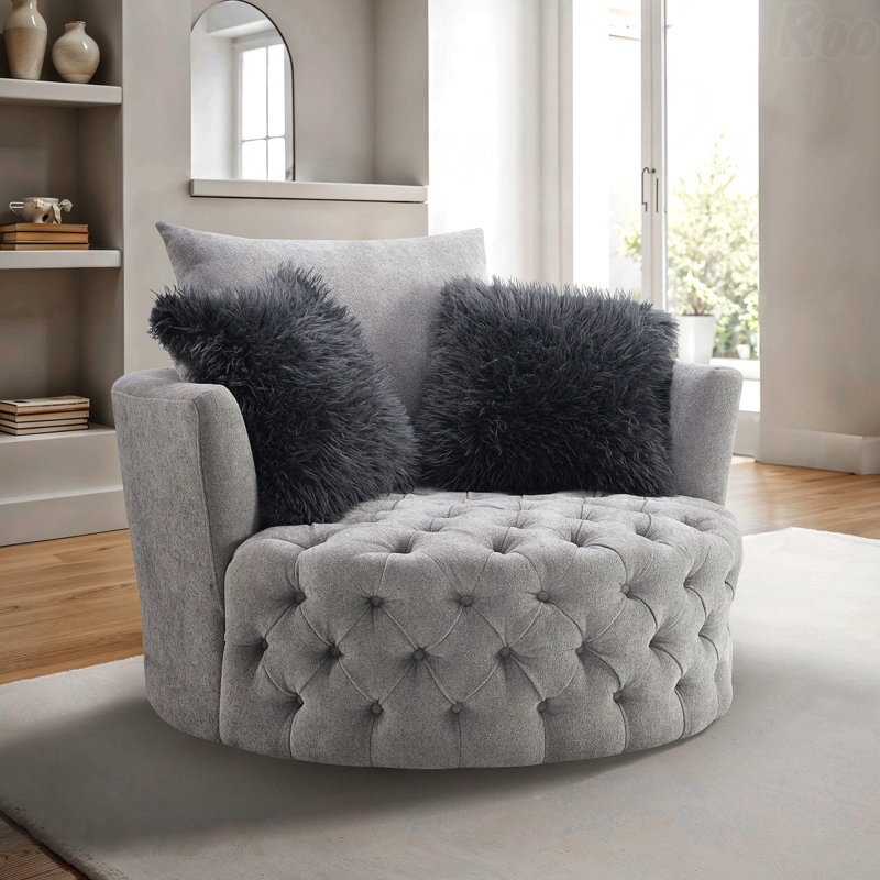 Transitional Style 1Pc Button Tufted Swivel Round Chair Barrel Style Arms Scattered Back Pillow Light Gary Finish Primary In Stylish Offices Living Room