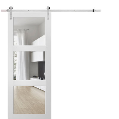 Porte coulissante de style grange avec quincaillerie Lucia 2555 Blanc Soie avec vitrage clair, rail de 2 m (6,6 pi), robuste, panneaux intérieurs en bois massif, 76 cm x 203 cm (30 po x 80 po), vitrage transparent, rail argenté