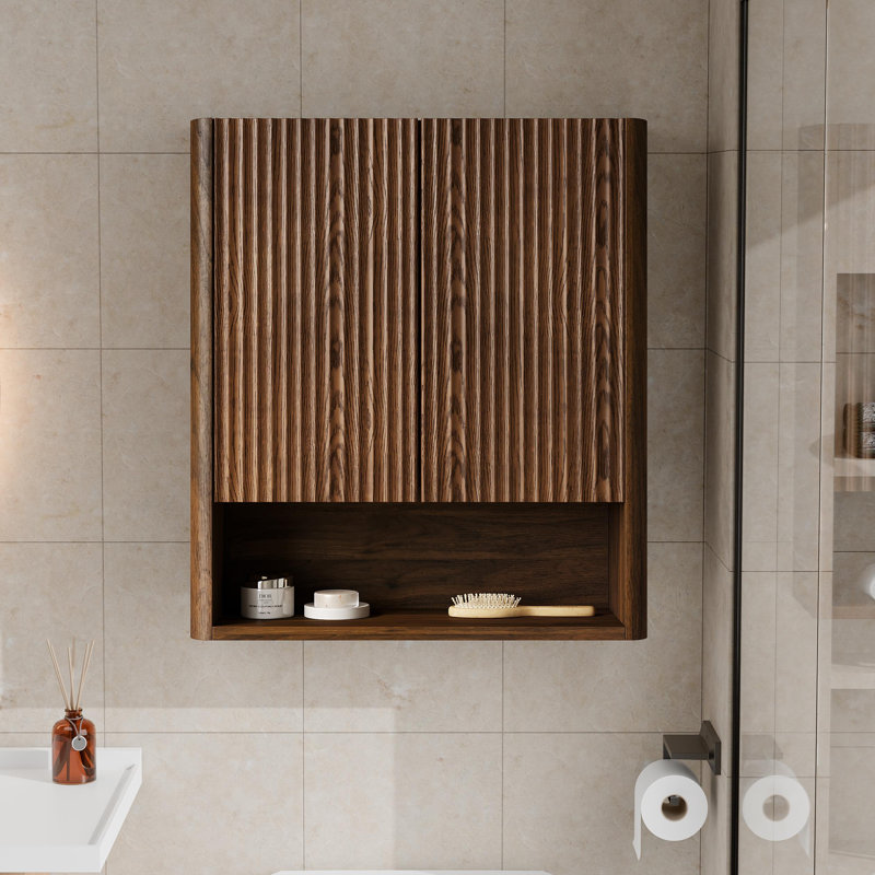 26" Wall Mounted Walnut Toilet Storage Bathroom Cabinet With 2 Striped Solid Wood Doors and Open Shelf, Walnut