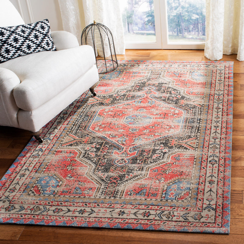 Lauro Oriental Red/Beige/Black Area Rug, Rectangle 5' x 8'