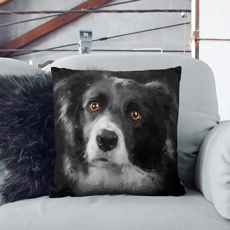 Brown Eyed Border Collie Dog In Abstract Square Throw Cushion, 40cm H x 40cm W x 15cm D