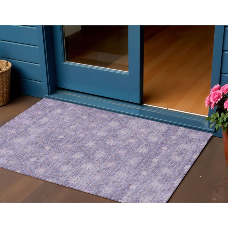3' X 5' Purple And Ivory Floral Washable Indoor Outdoor Area Rug