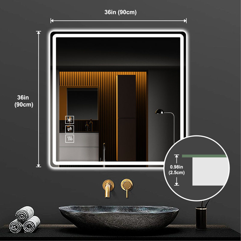 Miroir de maquillage à DEL 36 po x 36 po pour salle de bain - Brouillard mural, à intensité variable avec cuivre argenté changeant de couleur de 5 mm - Enthrallment
