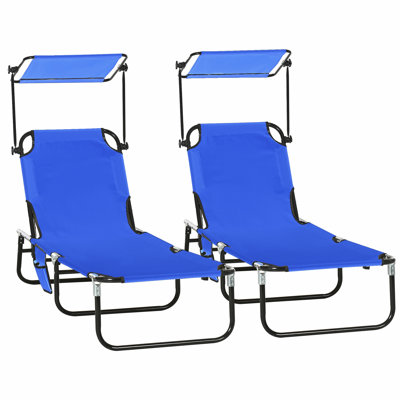 Folding Chaise Lounge Pool Chairs, Outdoor Sun Tanning Chairs With Canopy Shade, Reclining Back, Steel Frame And Side Pocket For Beach, Yard, Patio
