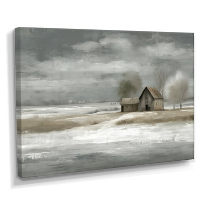 White Grey Farmhouse In Winter Countryside Landscape - Barn Farm Ranch Framed Wall Art, White Farmhouse Canvas Print