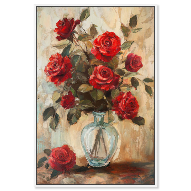 Art floral romantique sur toile de verre Ruby Roses, H 55 po x l 37 po, Cadre blanc