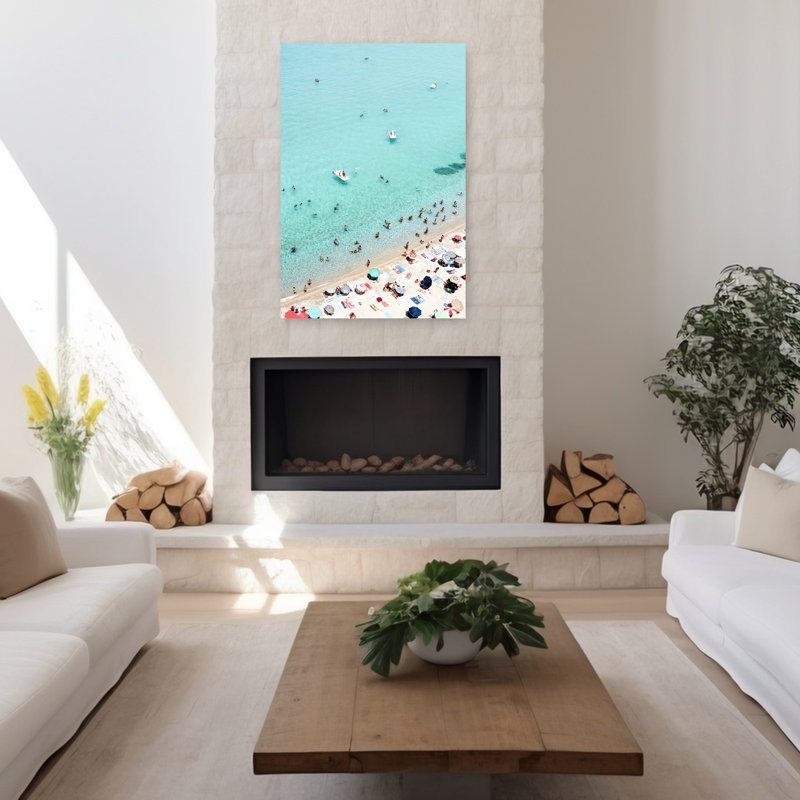 «At A Busy Beach», art mural contemporain sur la plage, 48" H x 32" W