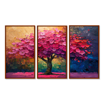 Pink Blue Vibrant Cherry Tree Of Life I - Cherry Blossom Wall Art Living Room Set