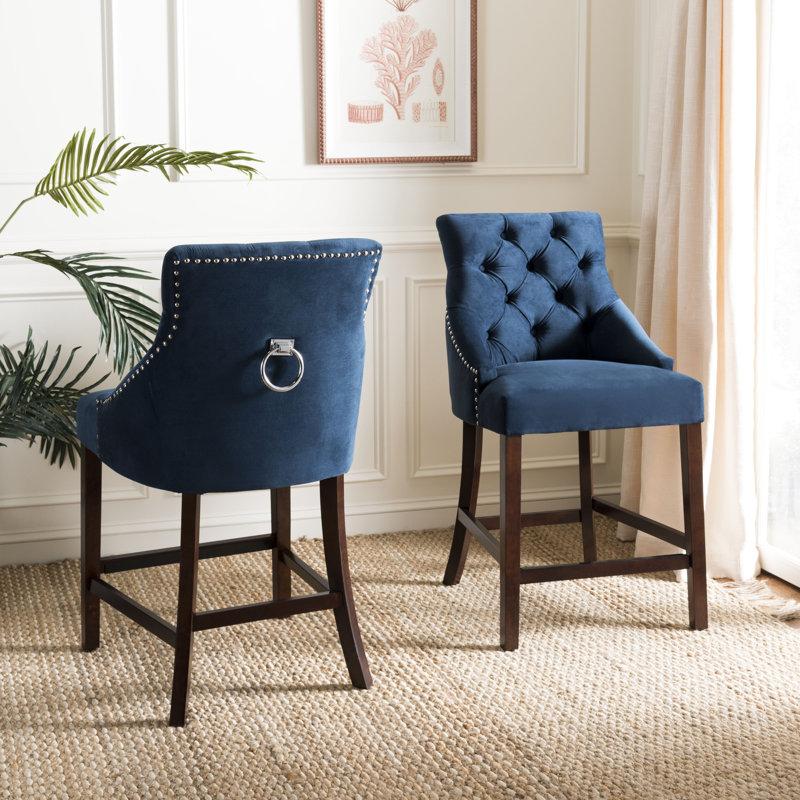 Balyon Upholstered Counter Stool, Velvet-Navy, Counter Stool (26" Seat Height)