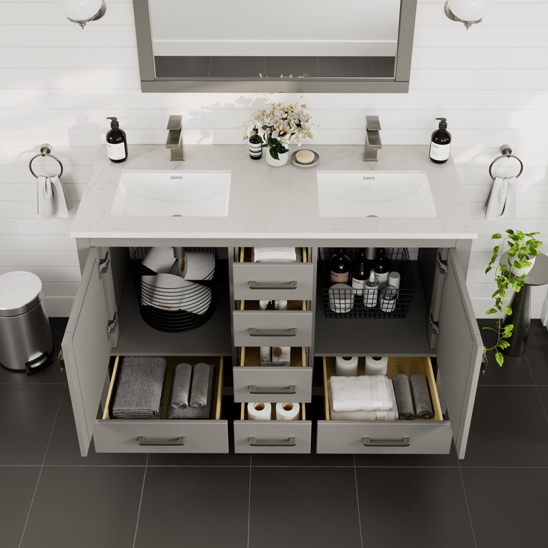 Eviva London 48"W X 18"D Double Sink Bathroom Vanity With White Carrara Quartz Countertop And Undermount Porcelain Sinks