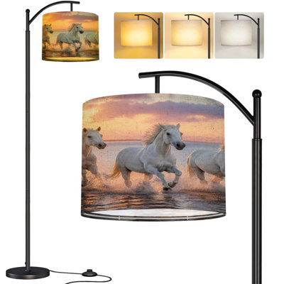  Arc Floor Lamp White Camargue Horses galloping water Tall Modern Standing Lamp LED Adjustable Linen Lampshade 3 Color Temperatures